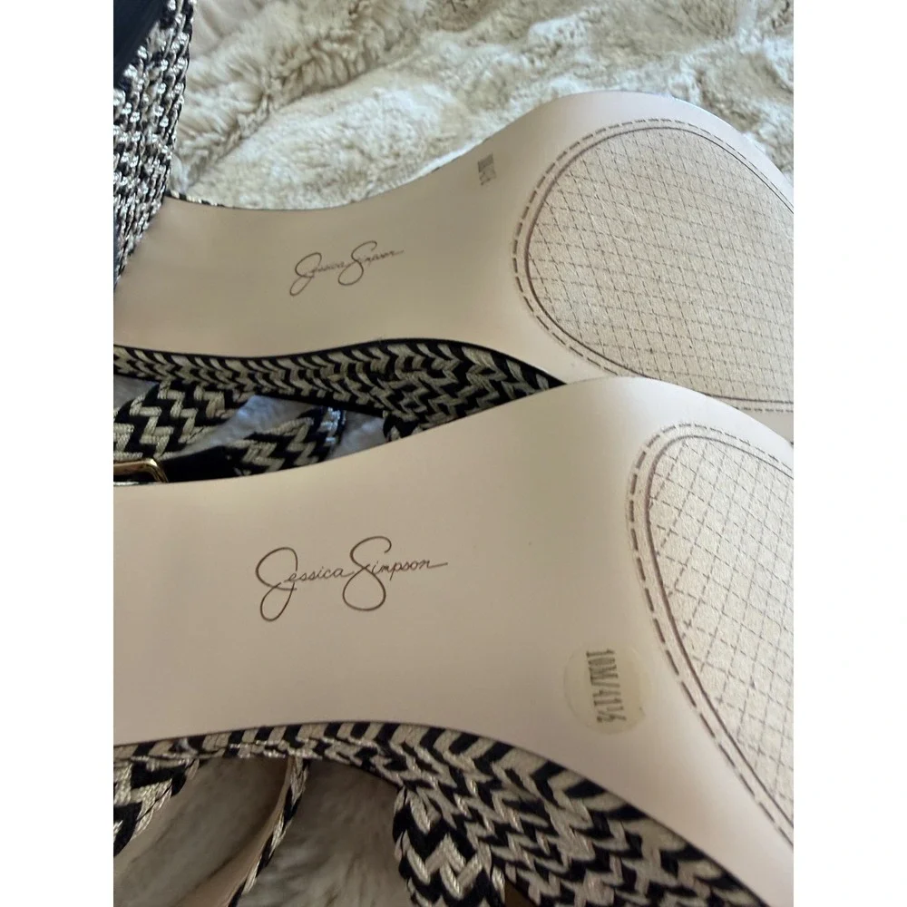 Jessica Simpson Woven Chevron Platform Sandals Black White Block Heel Square Toe